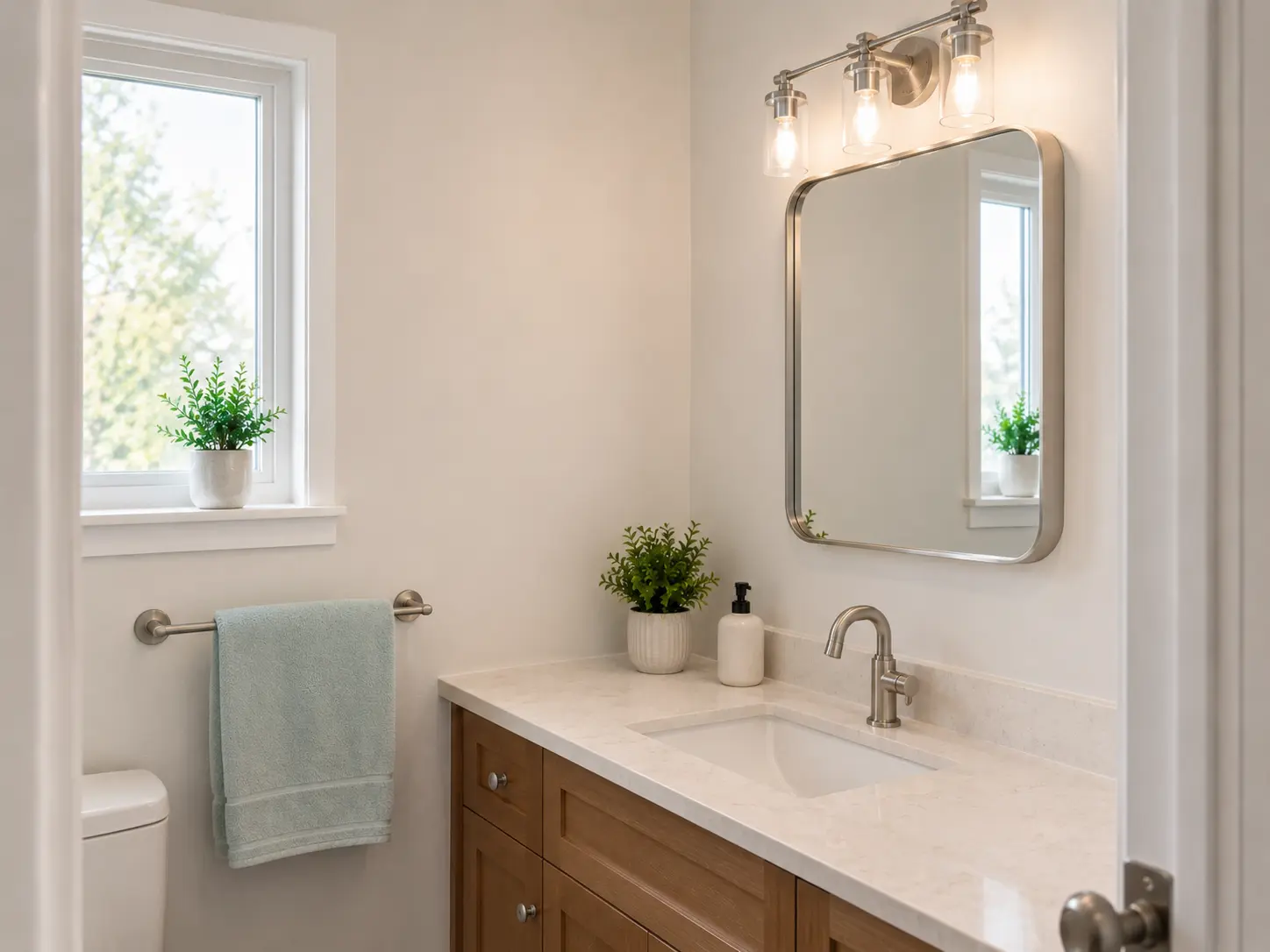 Bathroom after refresh with clean updated fixtures and finishes