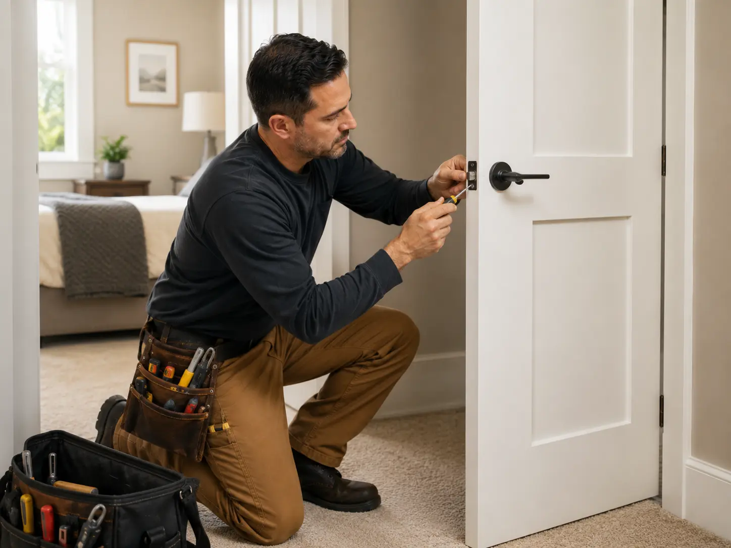 Common door repairs including hinges latches knobs and sticking doors