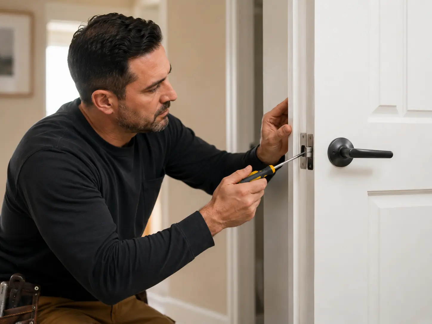 Handyman adjusting an interior door for smooth closing