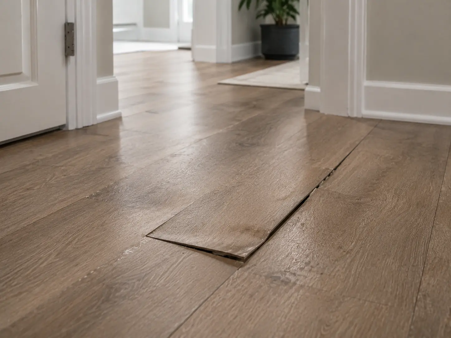 Damaged flooring before repair with visible gap or worn area