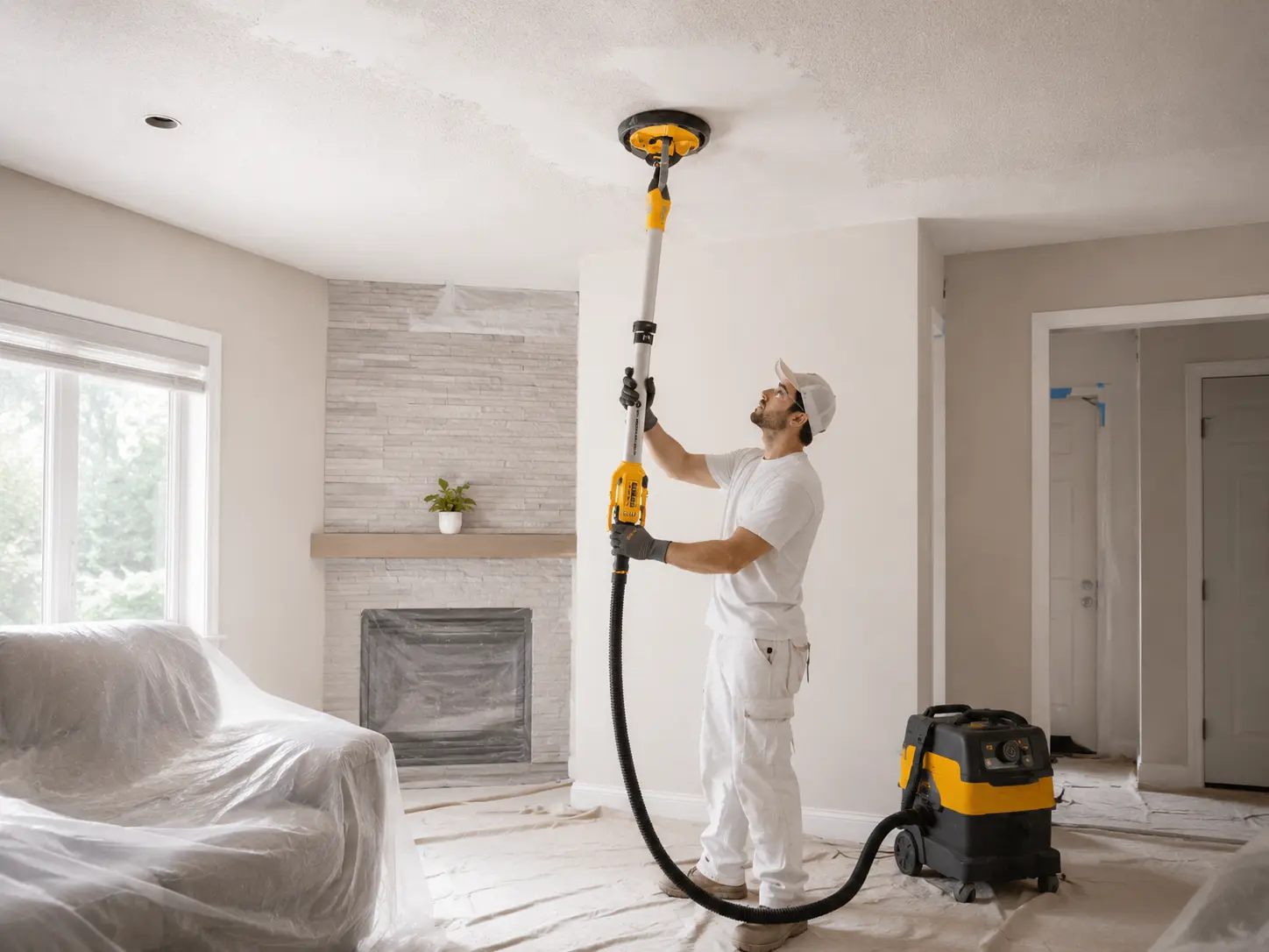 Popcorn ceiling removal project with protected room and dust control