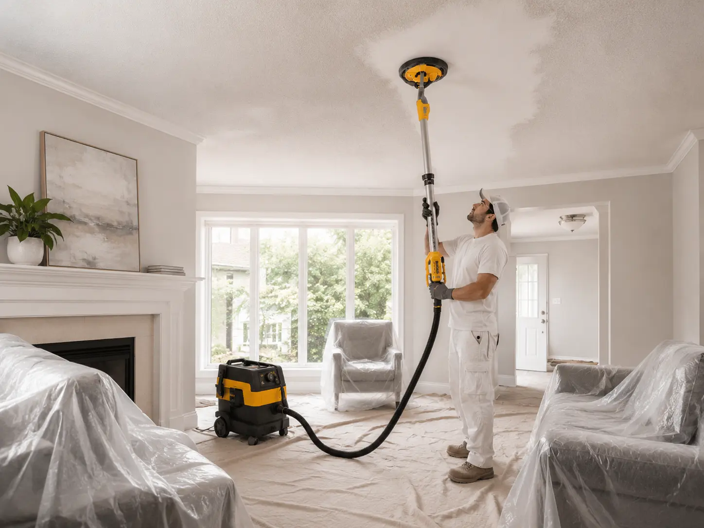 Handyman smoothing a popcorn ceiling in an Ottawa home